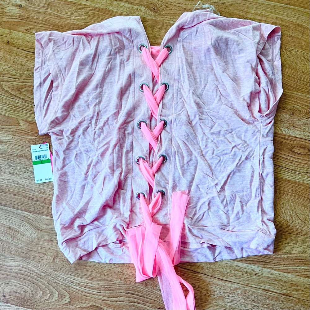 💖 NWT Balletcore Barbiecore 90s Pink chiffon ribbon shirt Betsey Johnson top L